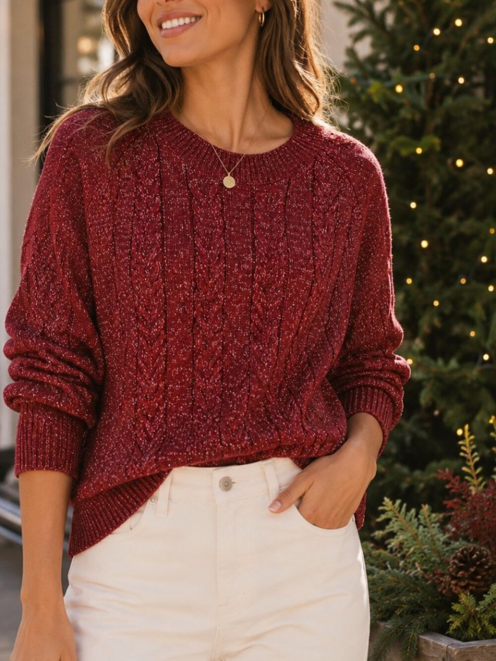 Athleta Crossroads Crew Sweater Small Red Metallic Merino Wool Relaxed